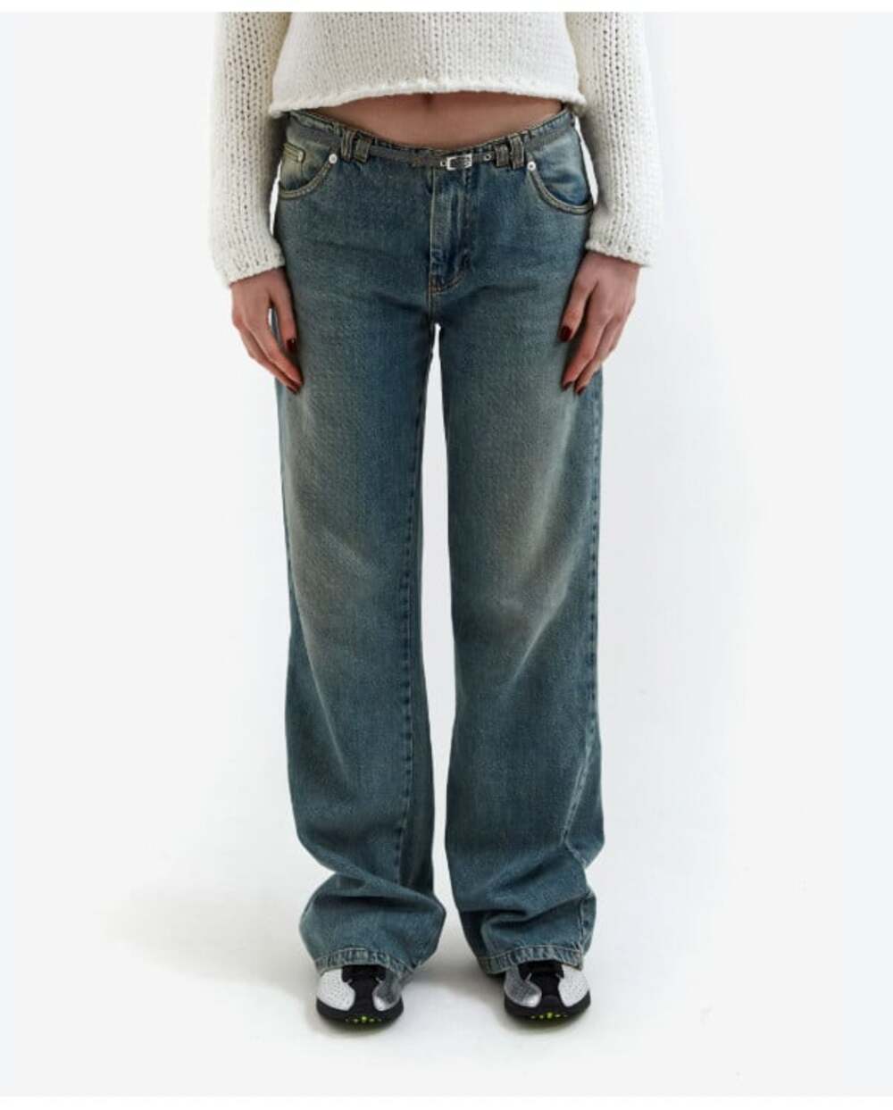 Gimaguas Nena Trousers Jeans Womens L Blue High Rise Wide Leg Belted Denim